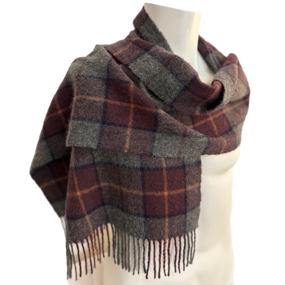 Plaid Wool Scarf – Grey, Burgundy & Rust Check - 12.5″ x 66″ - Picture 7 of 11